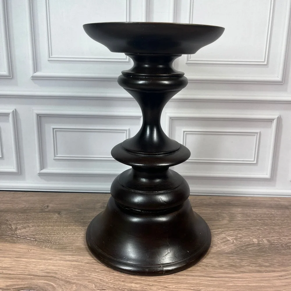 Pottery Barn Turned Wood Pillar Candle Holder Set 2 10in Dark Brown Espresso